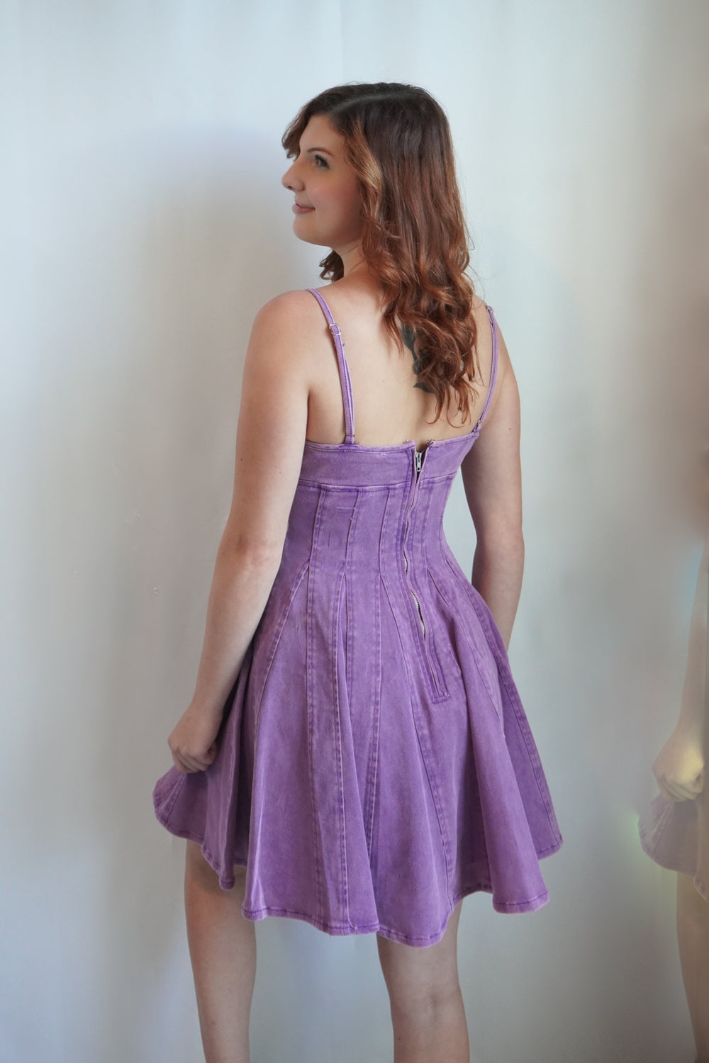 Fit and flare mini dress with corset-style bodice and spaghetti straps