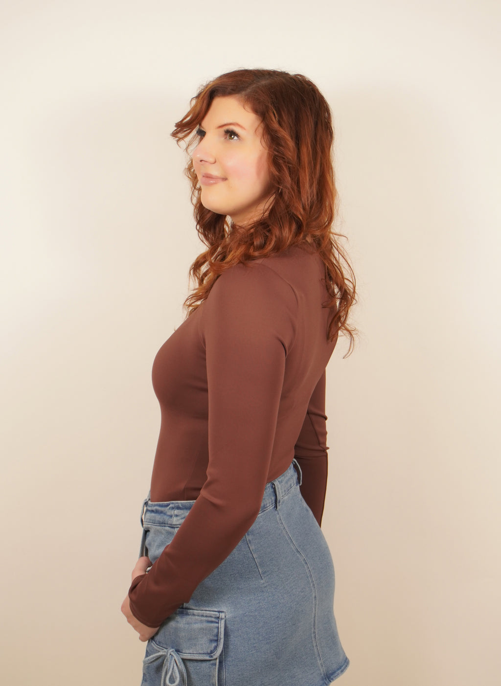 Brown Silky Long-Sleeve Bodysuit Side View