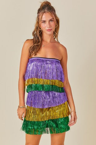 Metallic fringe strapless top in purple, green, and gold Mardi Gras colors