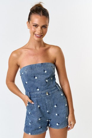 Denim strapless romper with high-waisted silhouette