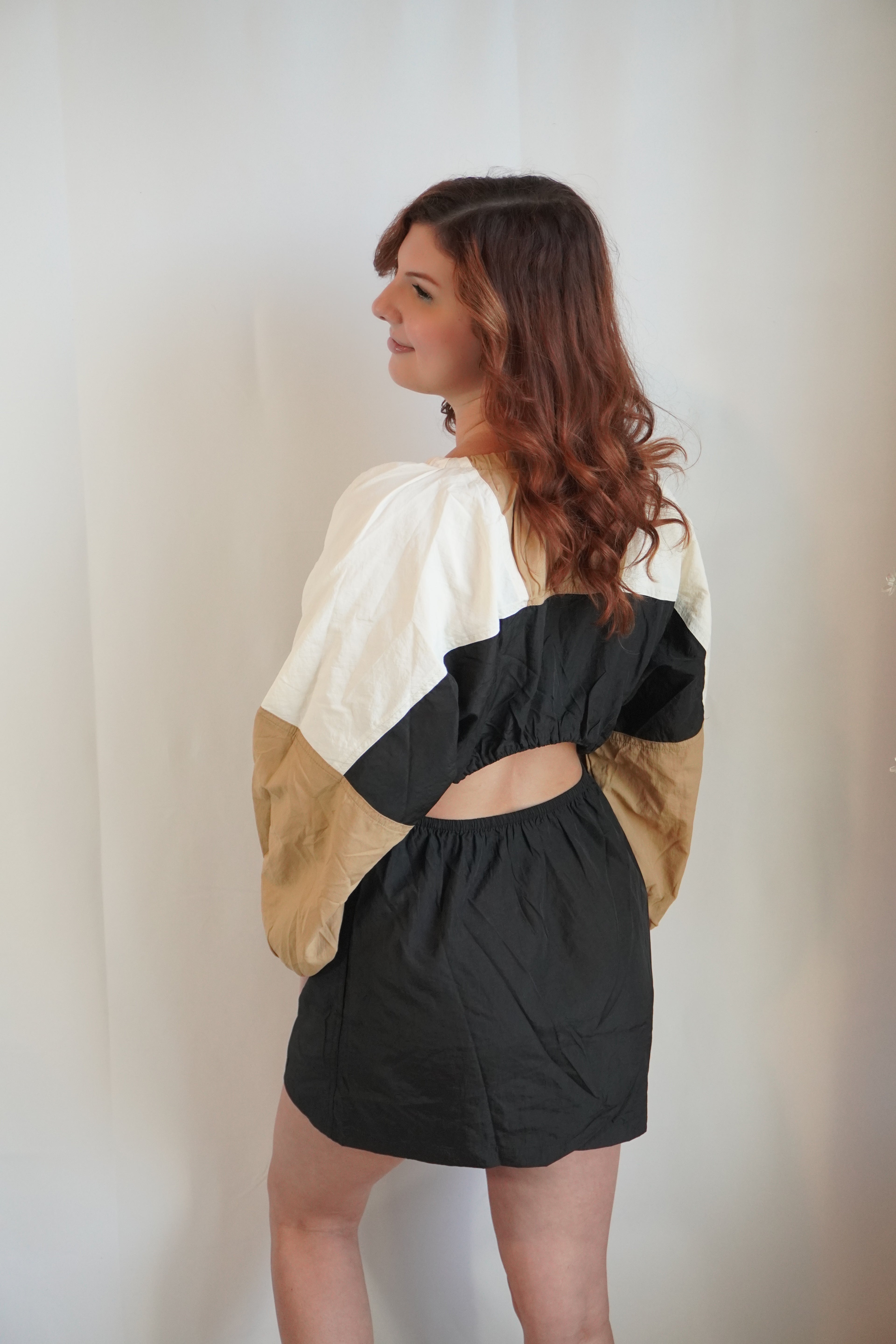 Colorblock Black, Gold, and White Windbreaker Mini Dress rear view