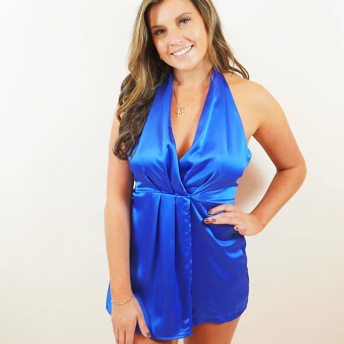 Blue satin halter romper with deep V-neckline and wrap waist Blue