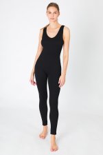 Women's fitted black jumpsuit featuring V-neckline and stretchy body-hugging fabric