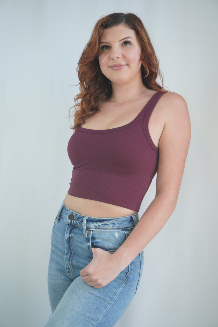 Close-up of chevron texture on fig crop tank top