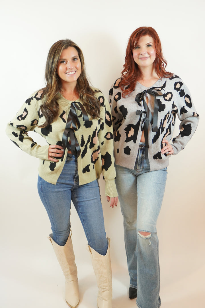 Leopard Print Bow-Tie Cardigan In Green And Grey