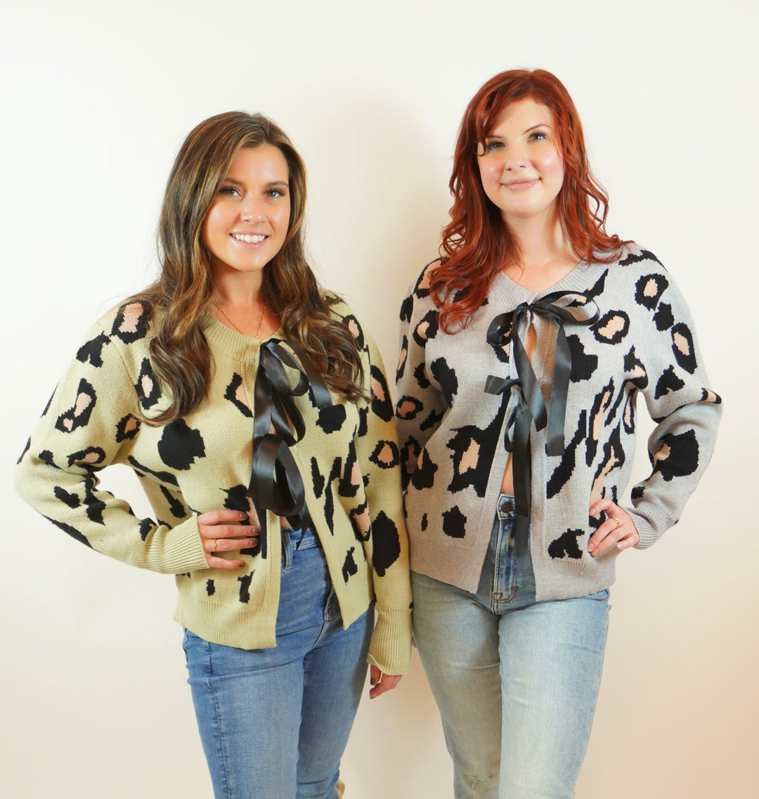 Leopard Print Bow-Tie Cardigan In Green And Grey