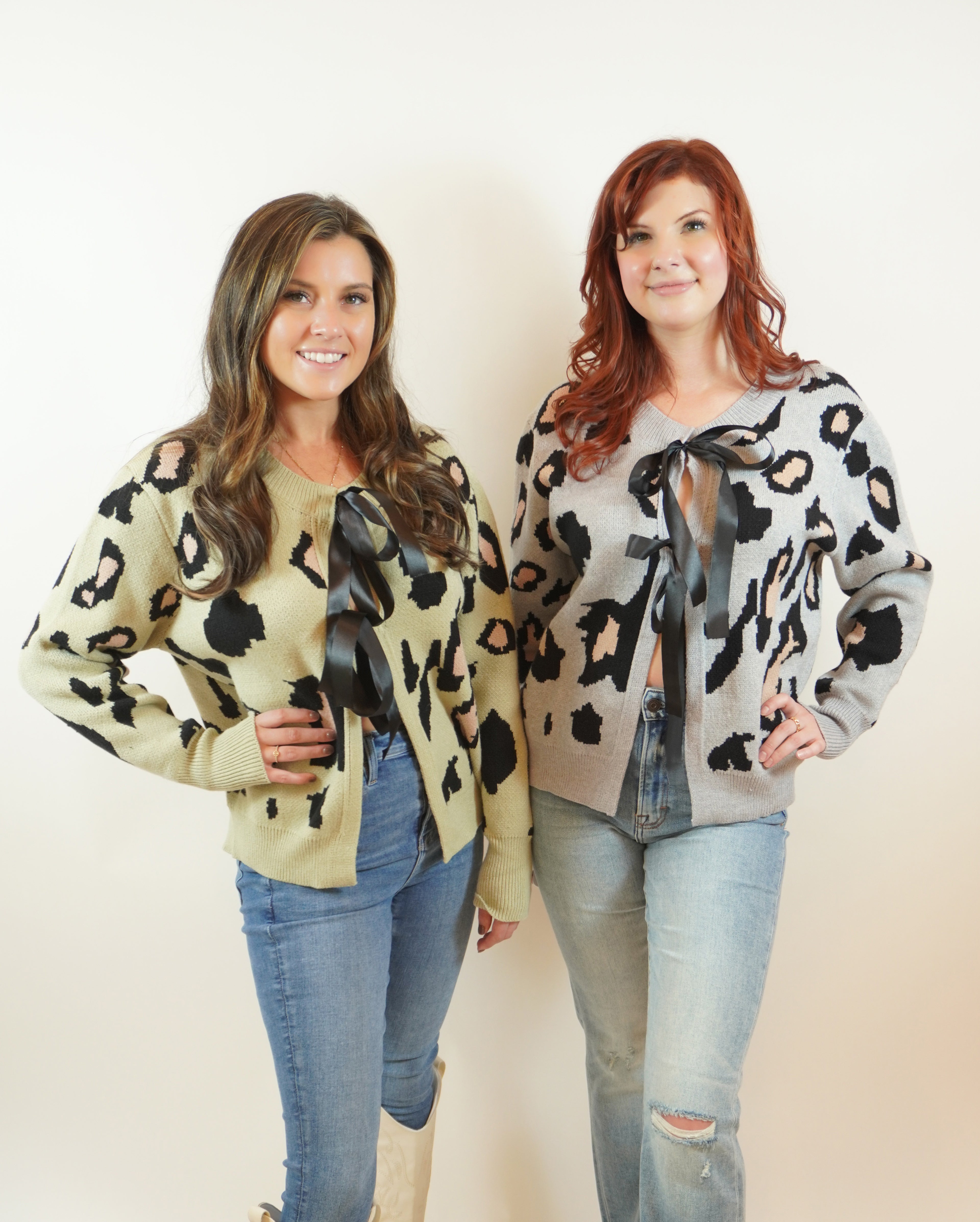 Leopard Print Bow-Tie Cardigan In Green And Grey