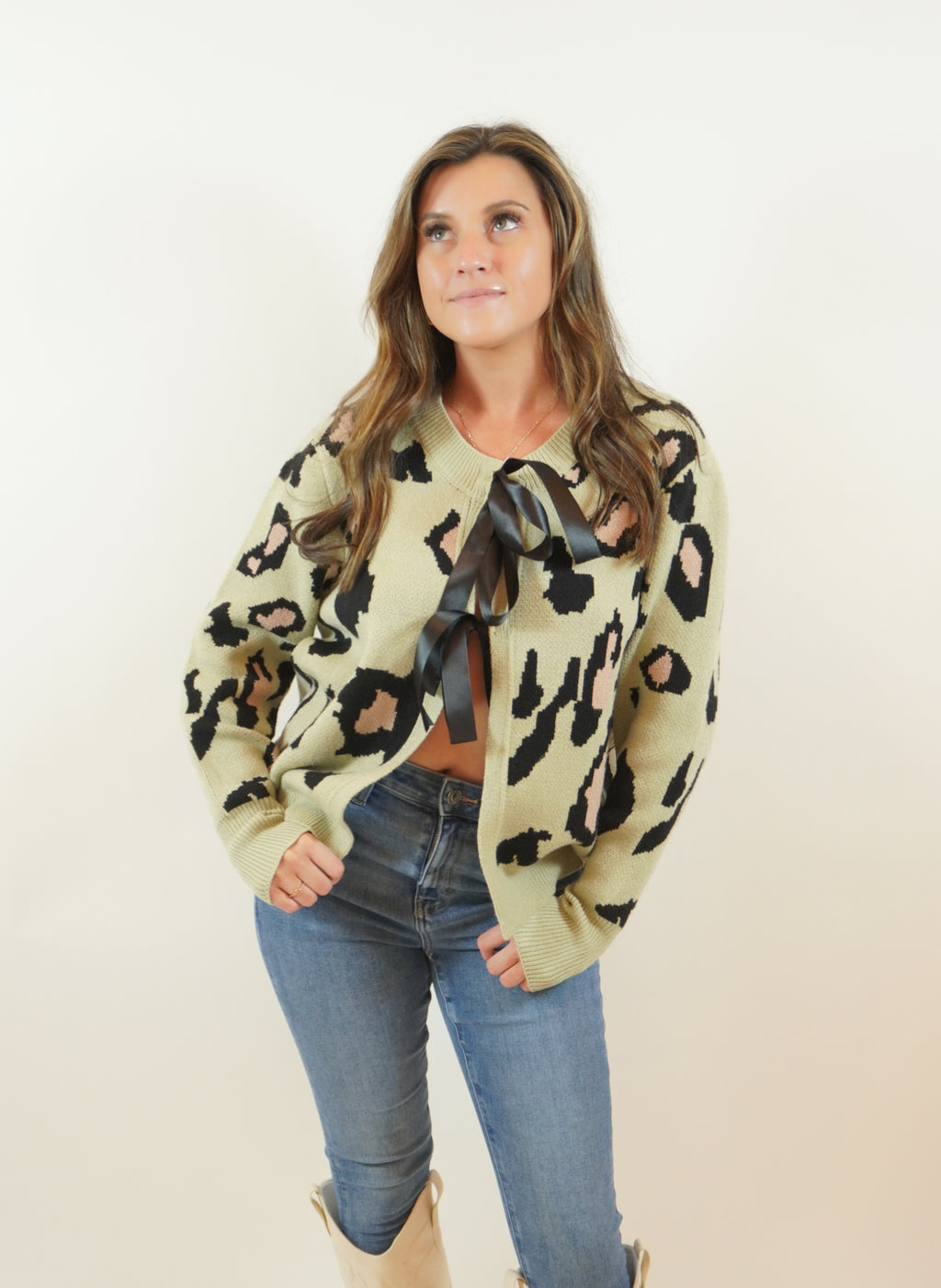 Leopard Print Bow-Tie Cardigan In Green
