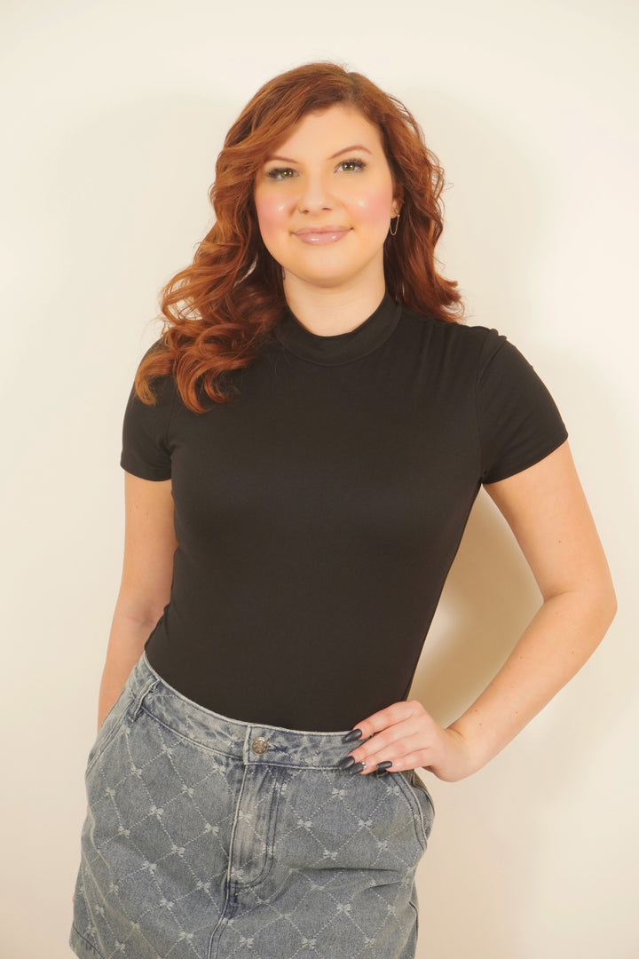 Black short-sleeve bodysuit with high neckline and fitted silhouette
