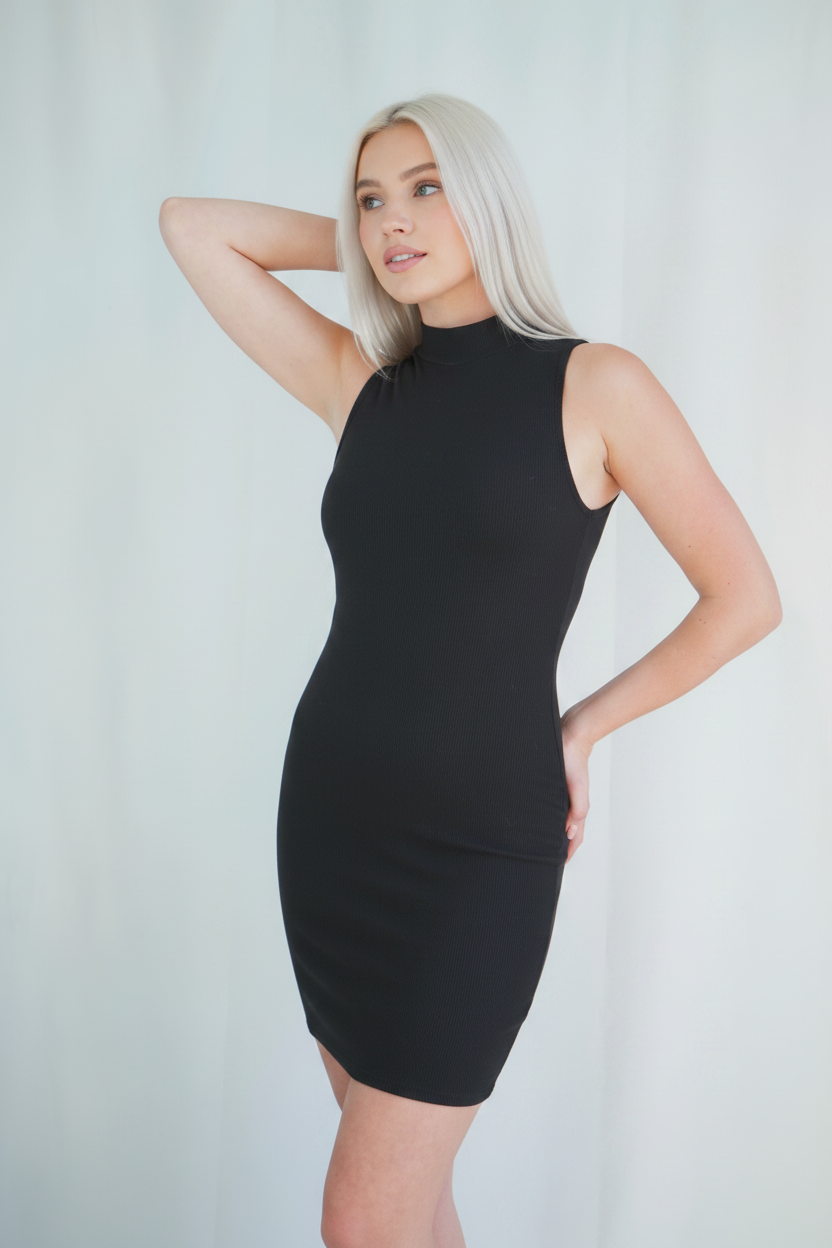 Black Mock Neck Bodycon Dress - Blonde Model