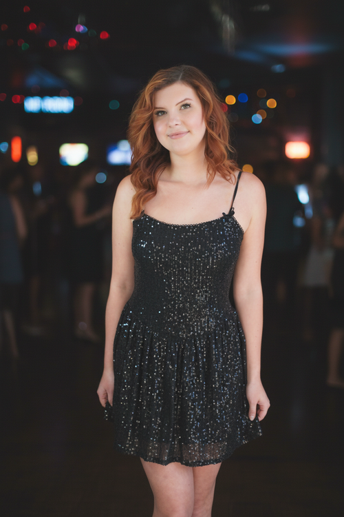 Blonde model - Black Sequin Slip Dress - Nightlife background