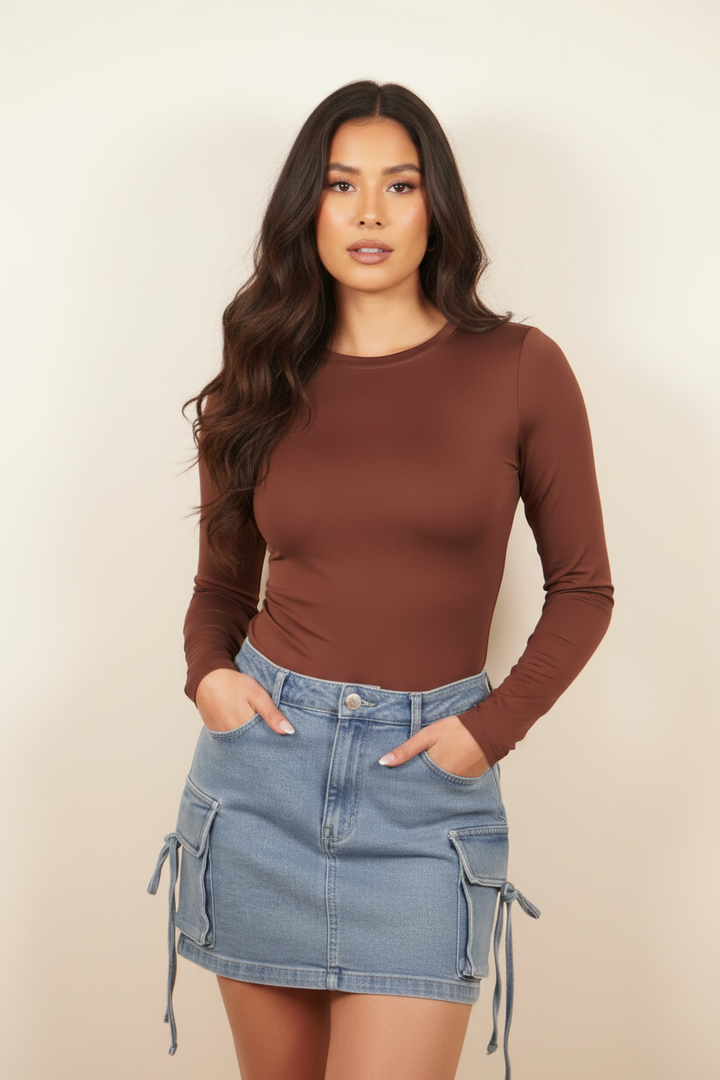 Brown Silky Long Sleeve Bodysuit - Different Model