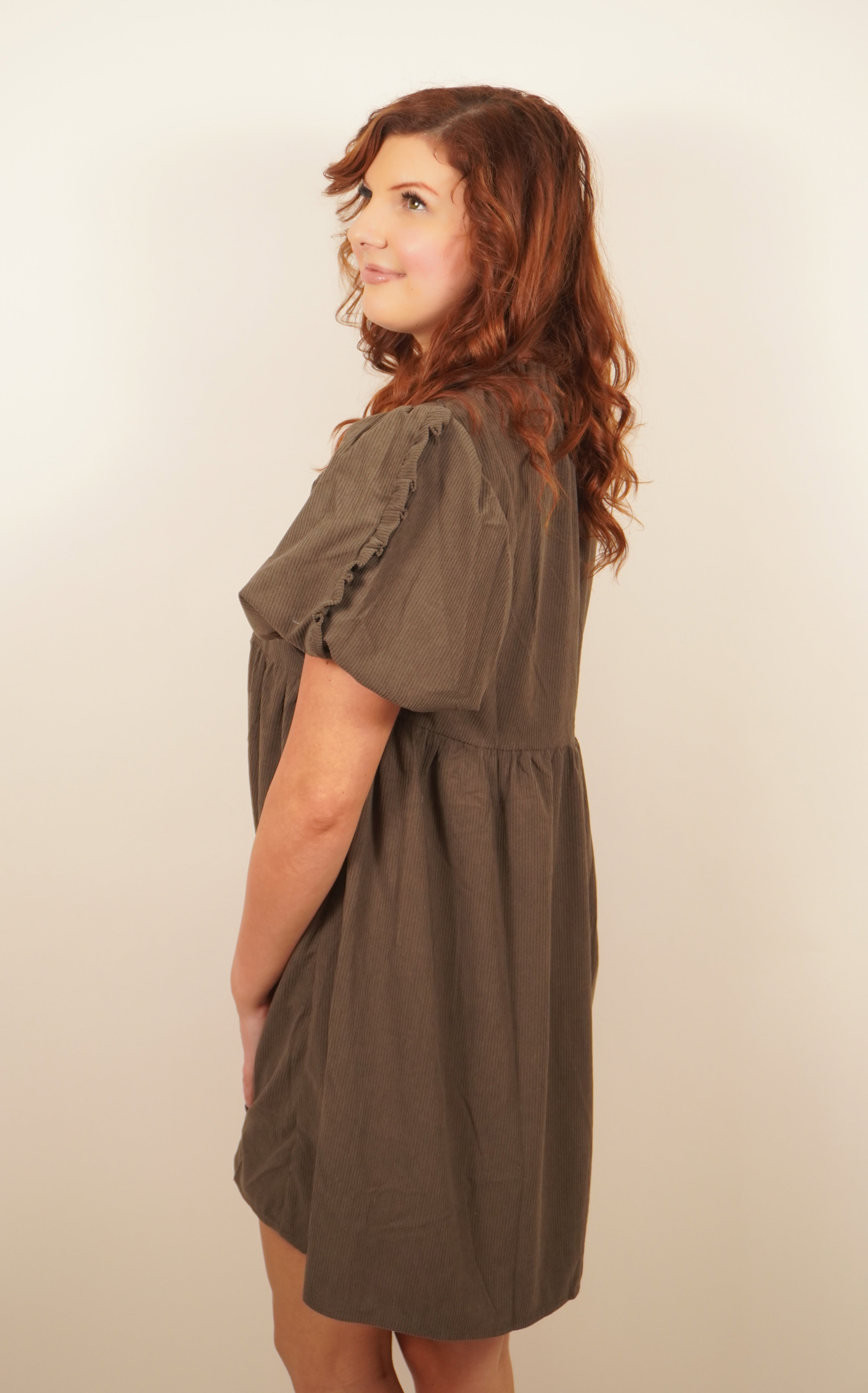 Corduroy Puff Sleeve Babydoll Dress Full Side View