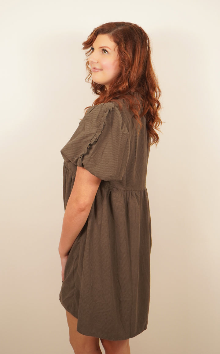Corduroy Puff Sleeve Babydoll Dress Full Side View