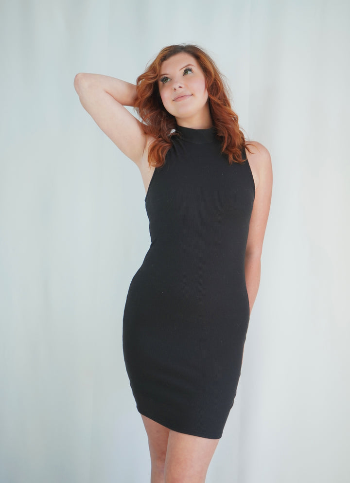 Black sleeveless mock turtleneck bodycon dress with minimalist design