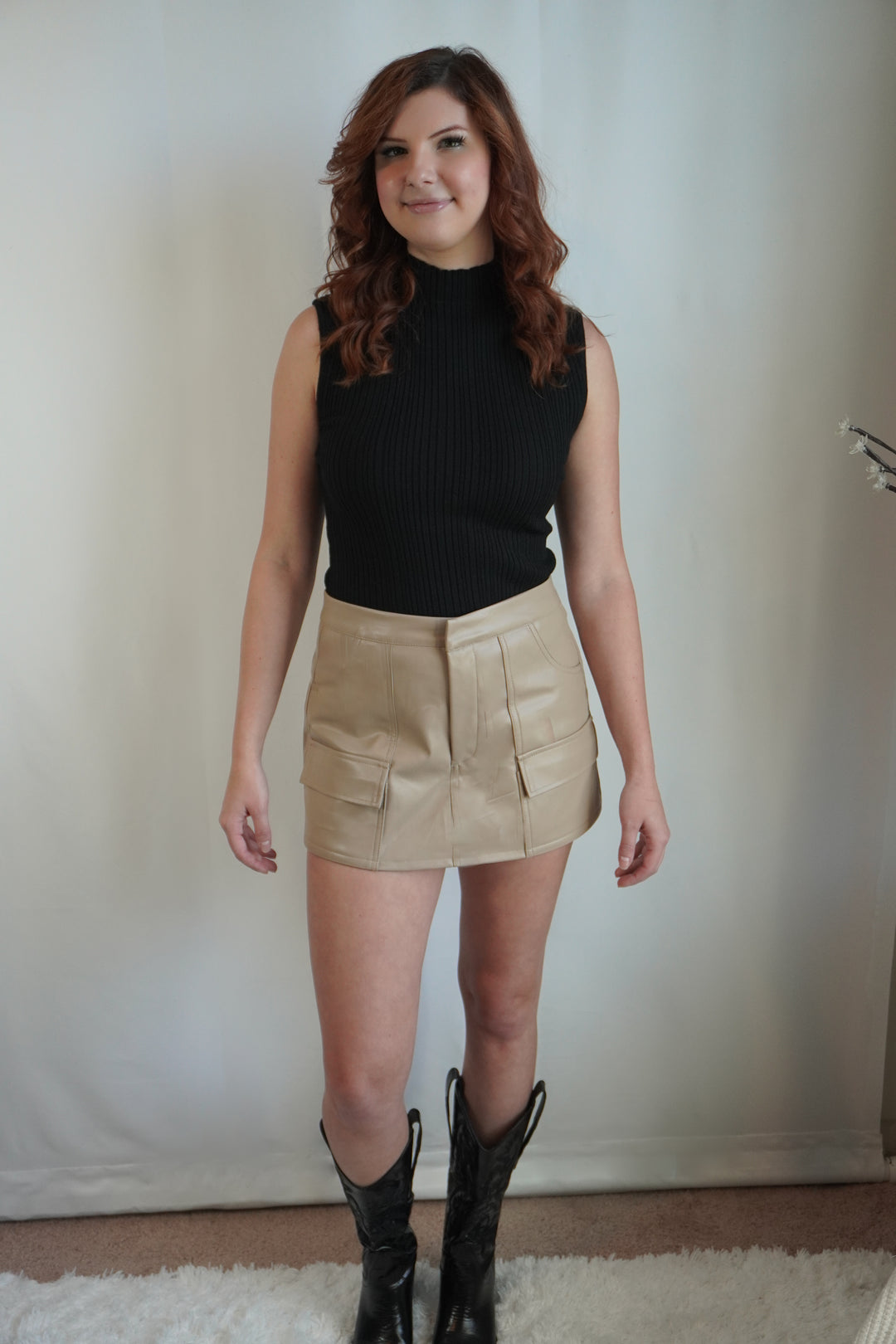 Faux leather high-waisted skort with front pockets and A-line shape