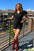 Puff Sleeve Belted Denim Romper image 0