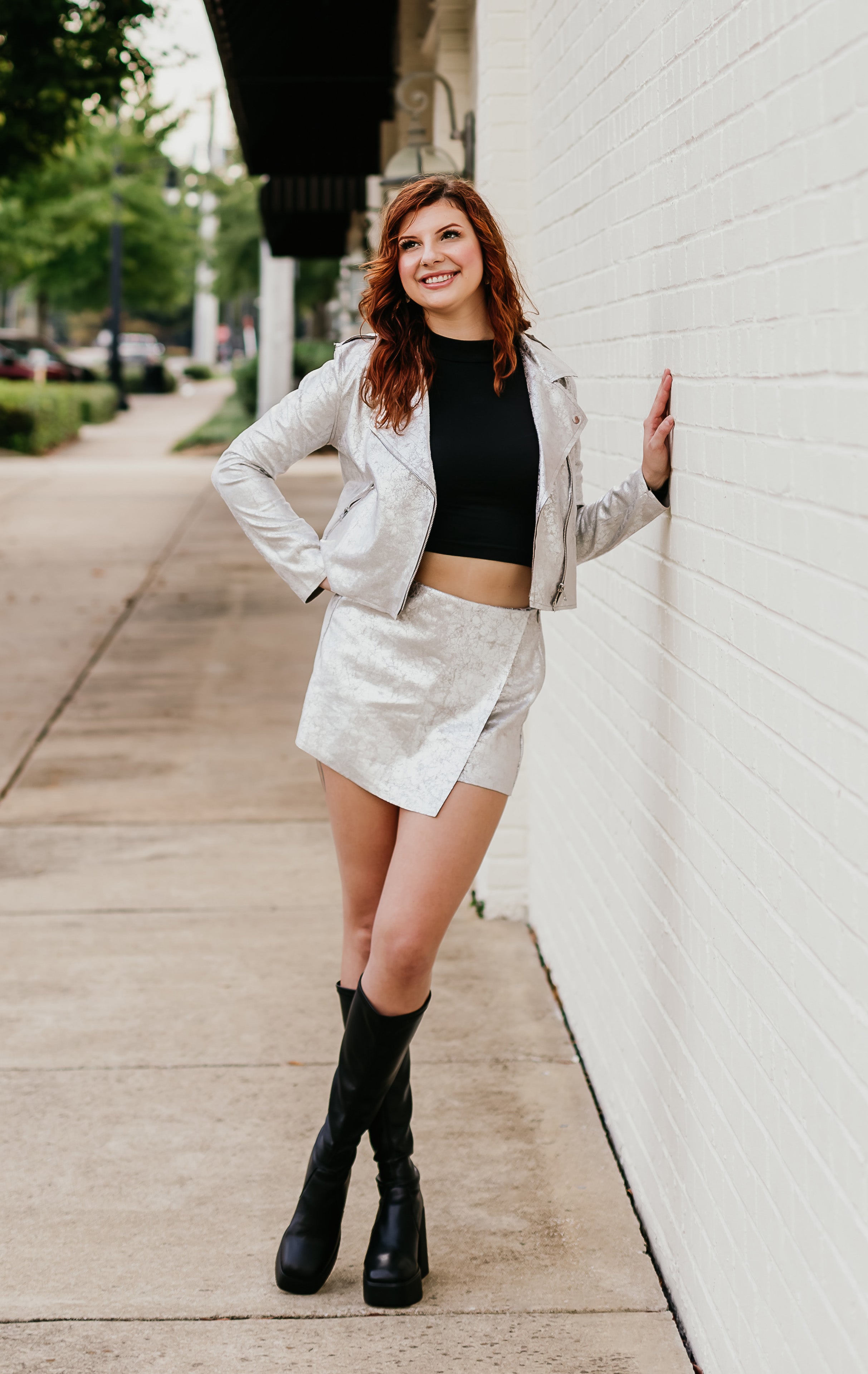 Metallic silver skort with asymmetrical wrap overlay and textured finish