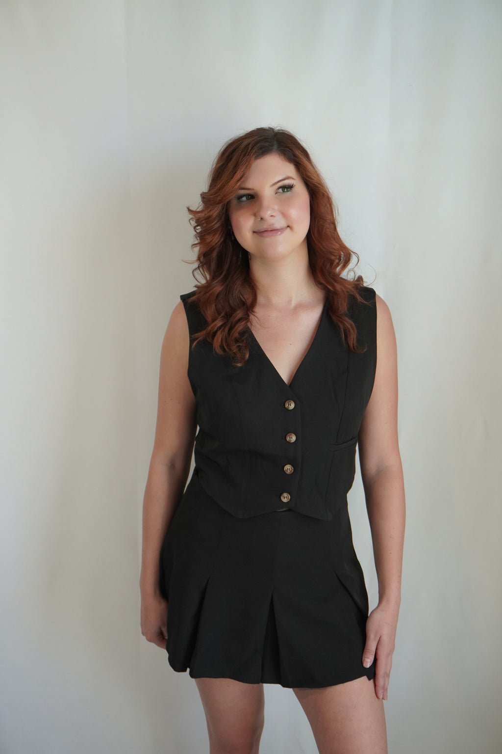 Black Vest and Pleated Skirt Set