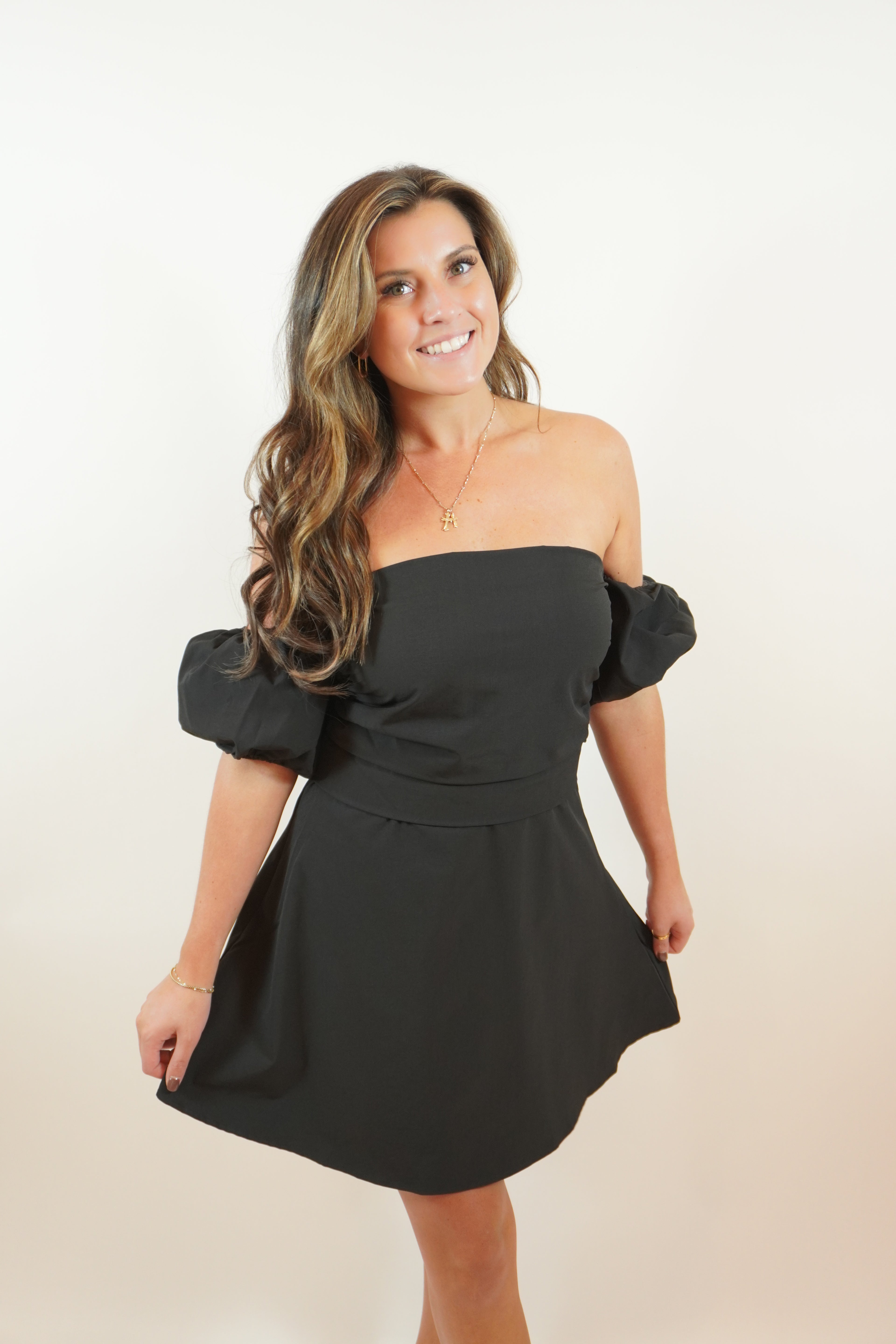 Black Elegant Ruched Puff Sleeve Dress