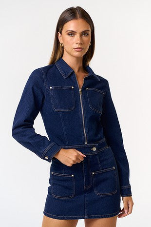 Stretch Denim Zip Up Crop Jacket (Jacket and Skirt Sold Separately) 