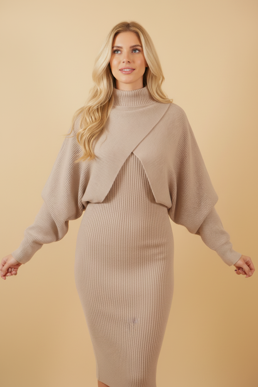 Front view - blonde model in beige layered sweater dress set