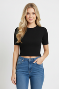 Front view - blonde model in black ribbed crop top