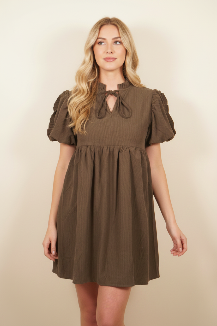 Front view - blonde model in corduroy babydoll dress