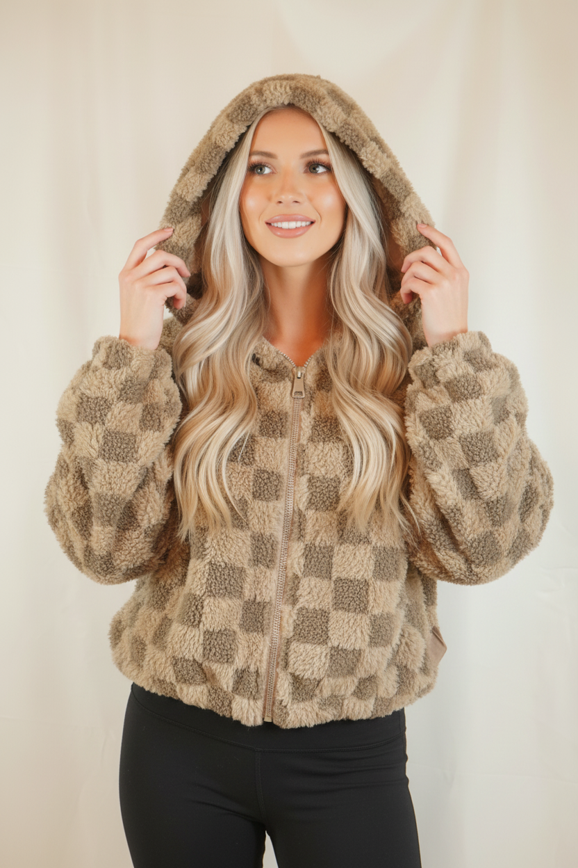 Front view - blonde model in tan checkered plush hoodie jacket
