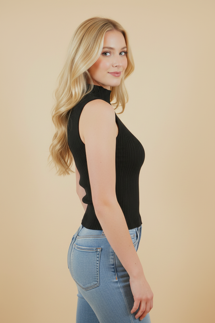 Side view - blonde model in black ribbed mock neck top