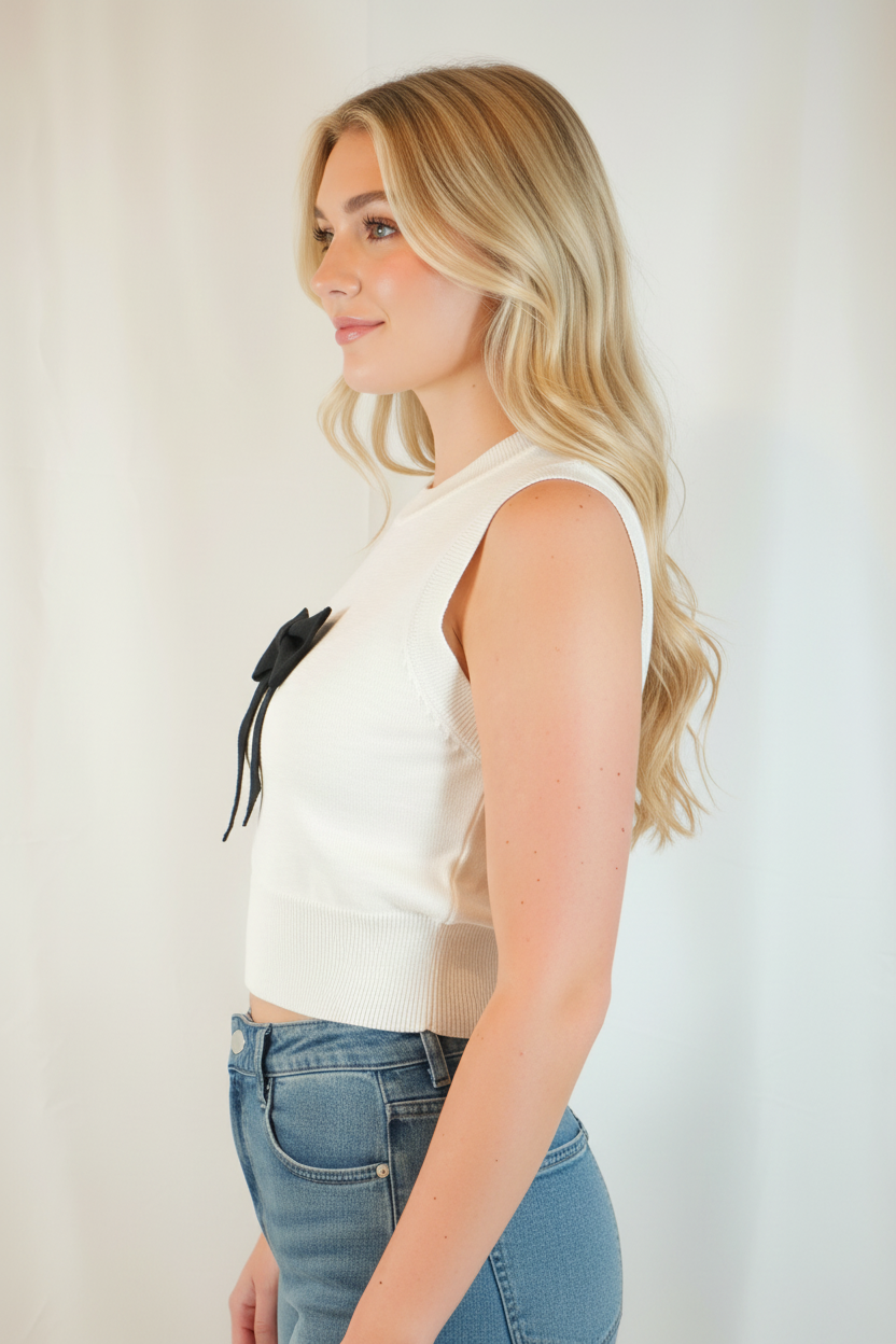 Side view - blonde model in bow sleeveless sweater
