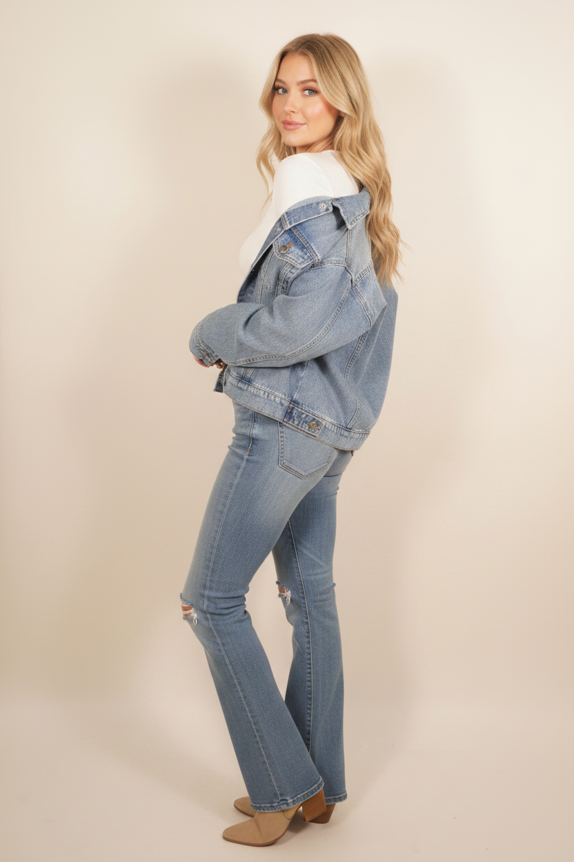 Side view - blonde model in vintage bootcut jeans
