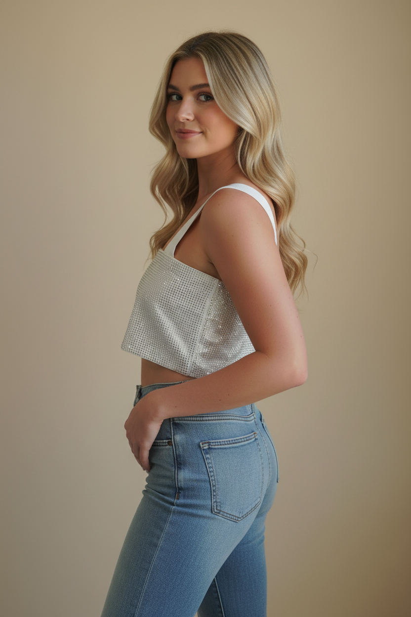 Side view - blonde model in white shimmer crop top