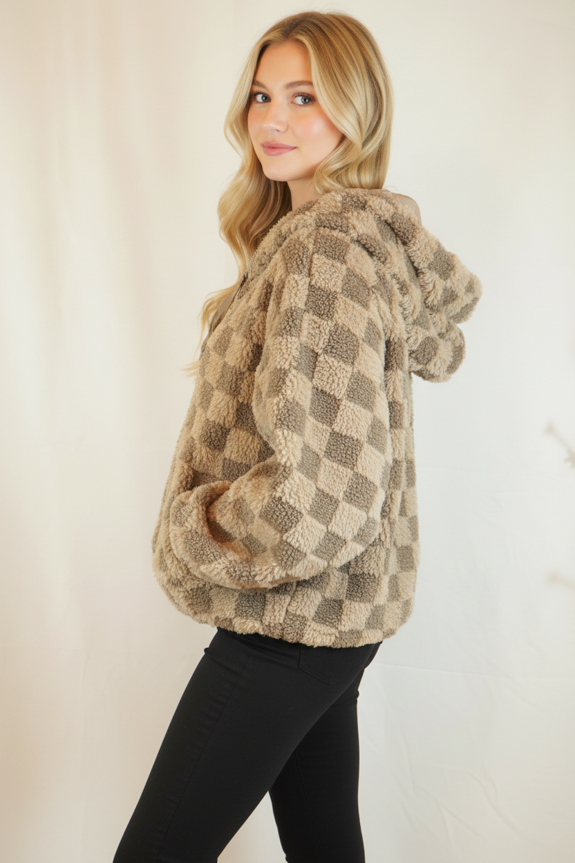Side view - blonde model showing checkered plush jacket silhouette