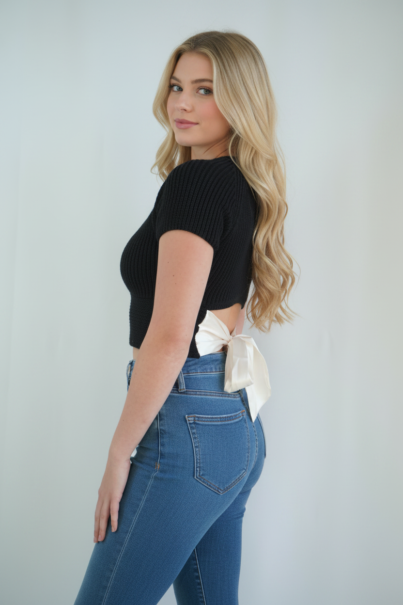Side view - blonde model showing cream back bow tie detail