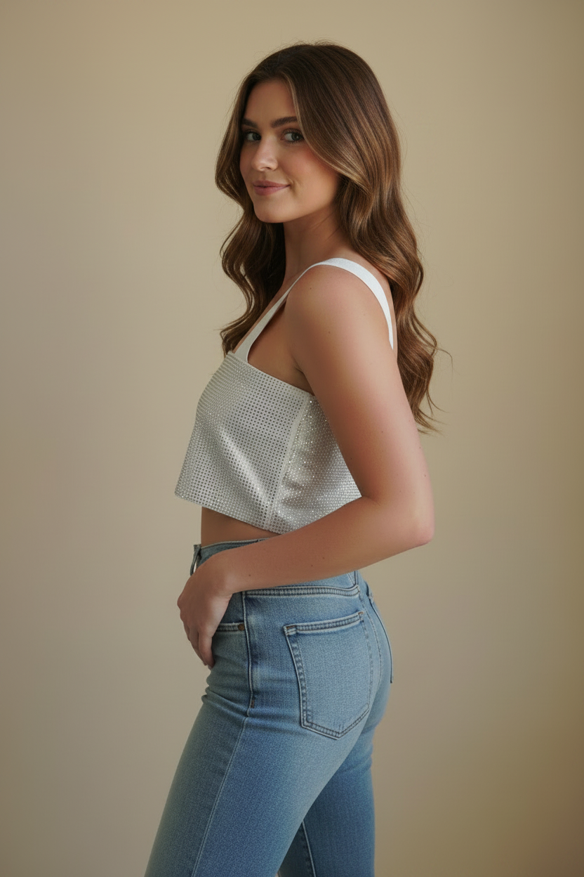 Side view - brown hair model in white shimmer crop top