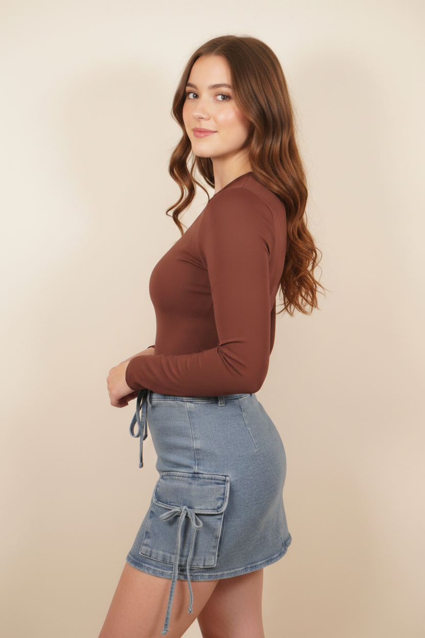 Side view - brown hair model showing bow tie cargo pocket detail