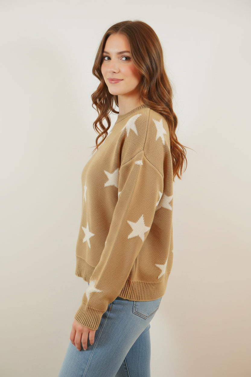 Side view - brown hair model showing star print sleeve detail
